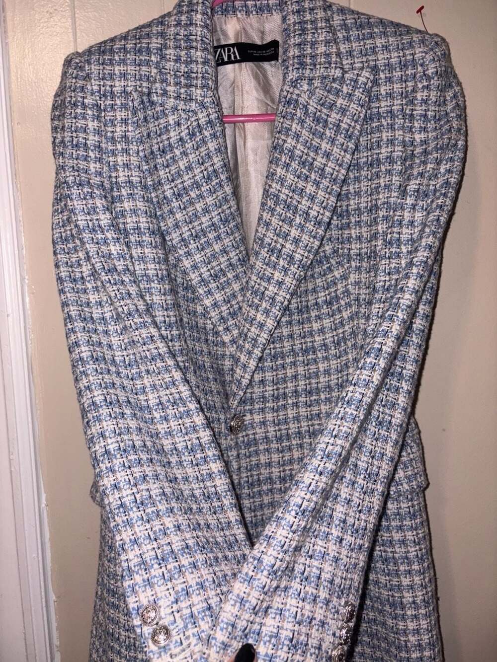 Zara Textured Double-Breasted Tweed Blazer in Blue